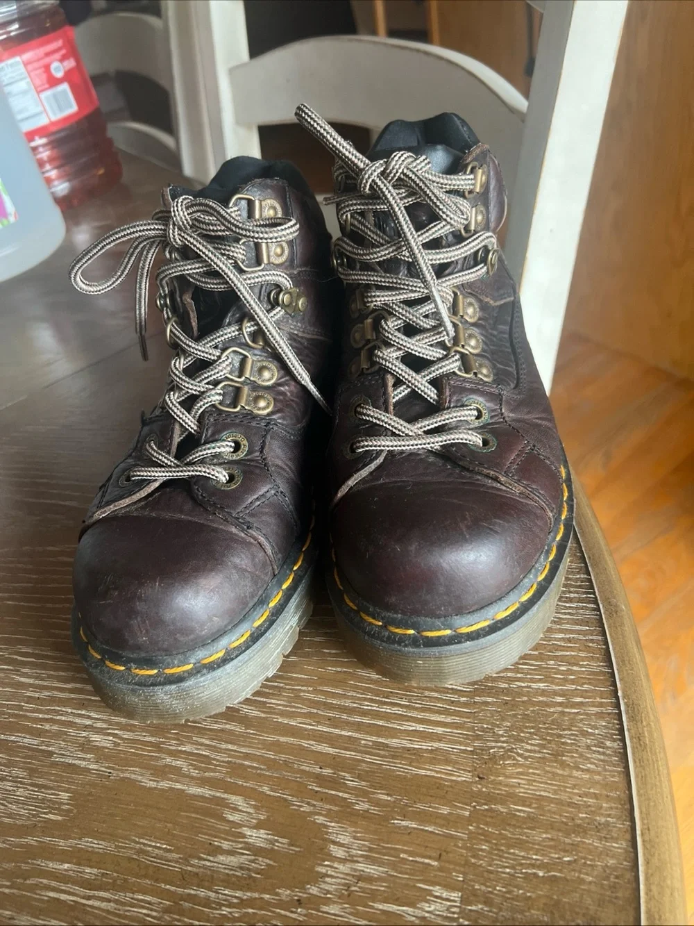 Dr. Martens Dark Brown Leather Lace-Up Boots with Yellow Stitching
